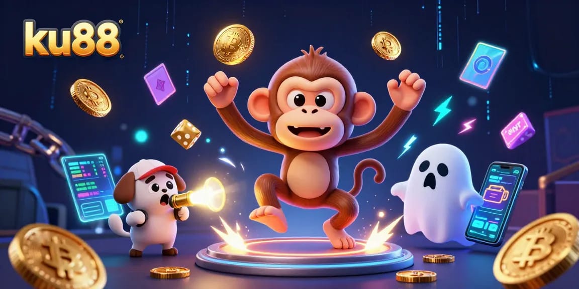 Engage with ku88's thrilling casino atmosphere featuring a playful ghost monkey and a curious dog.