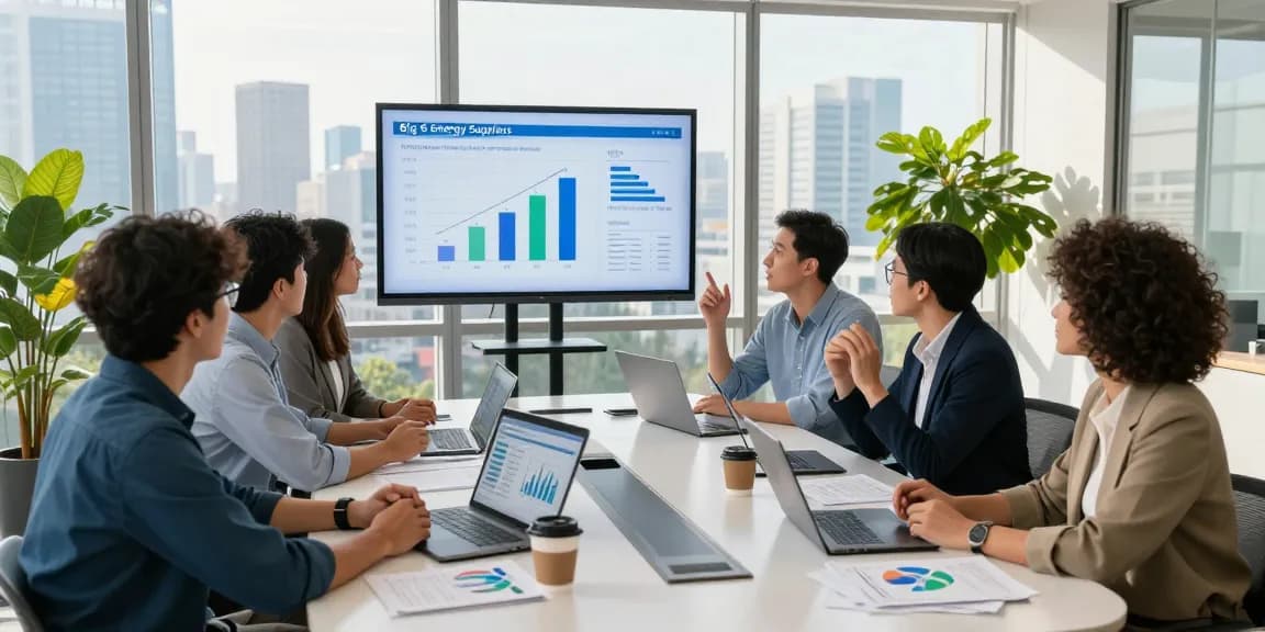 Team discussing big 6 energy suppliers in modern office setting with data visuals.