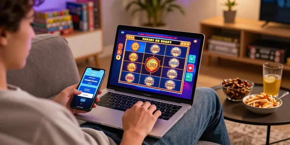 Engaging online gambling scene with slot games and deposit tanpa minimal options on screen.