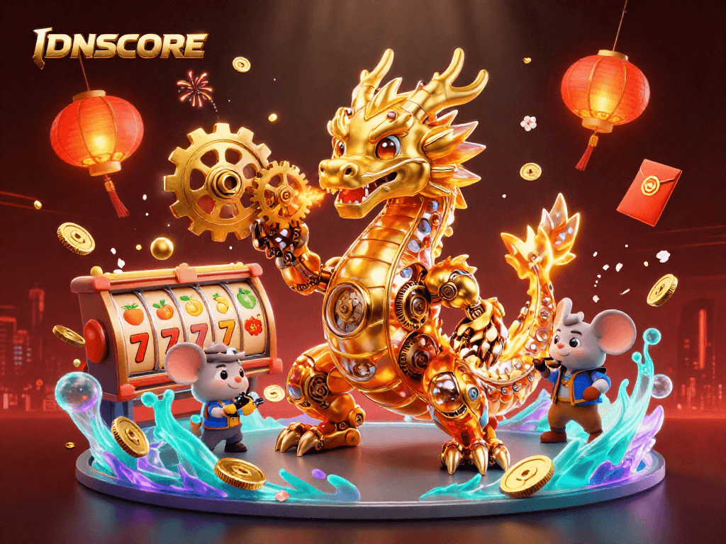 Engage with IDNSCORE’s exciting slots scene featuring a golden dragon and dynamic game elements.