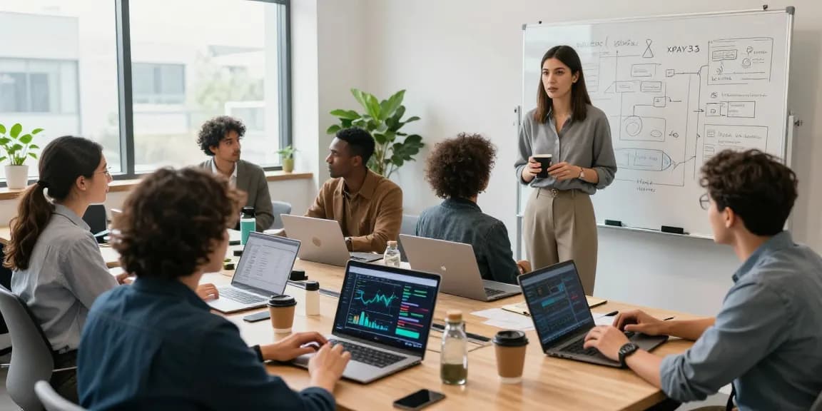 Engaged team discussing XPAY33 strategies in a modern co-working space.