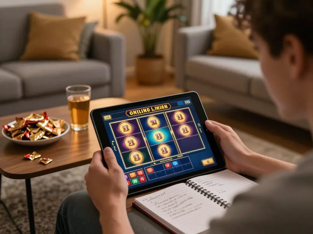 Player enjoying an online gambling session on tr88 while strategizing with notes in a cozy setting.
