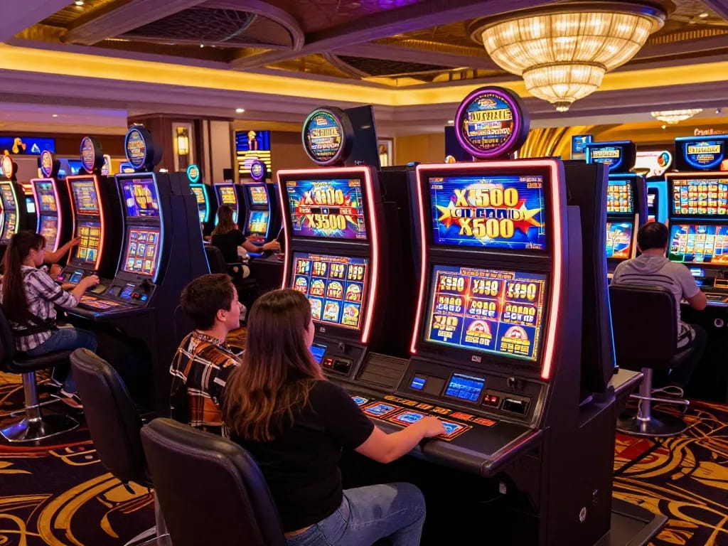 Celebrating a big win on Pragmatic Play Demo x500 slot amidst vibrant Vegas casino atmosphere