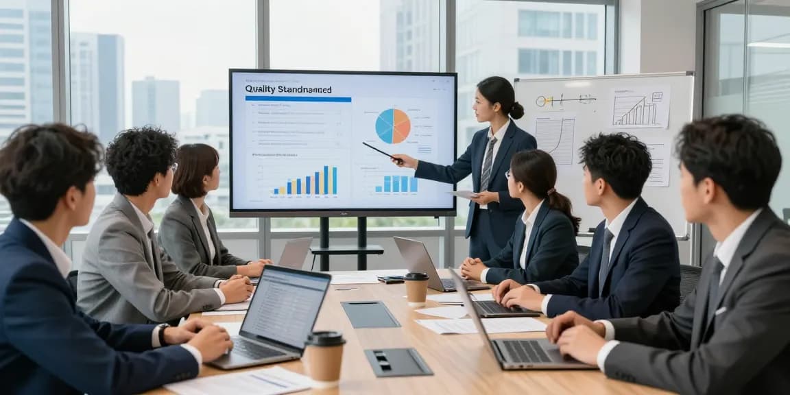 Team collaboration discussing Qualitätsstandards einsehen in a modern office.