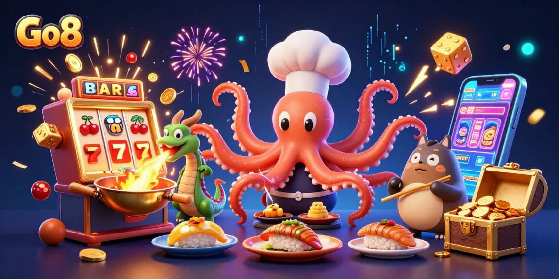 Engage with Go8's vibrant casino adventure featuring a dynamic octopus chef and dragon amidst slot machine excitement.