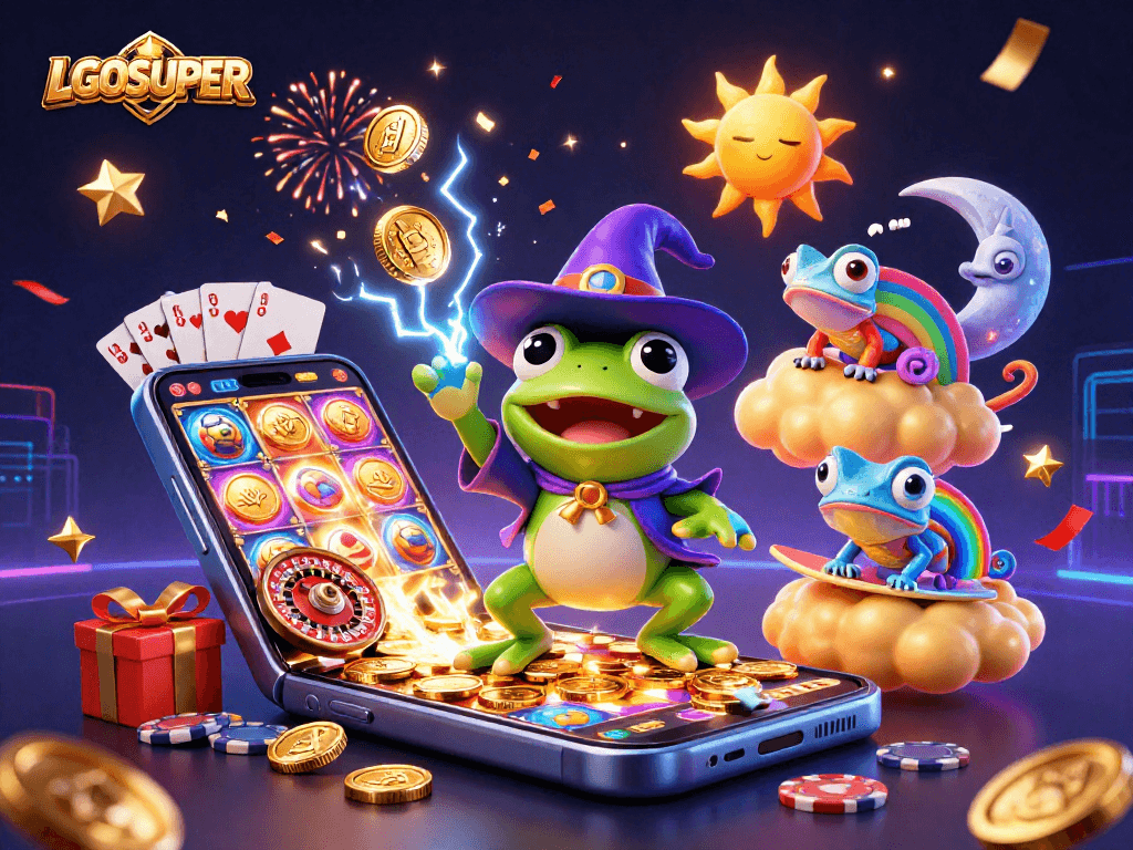 Engage with LGOSUPER's vibrant slots and games as the frog wizard conjures gold coins.