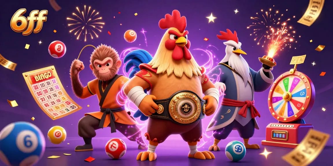 Experience thrills with 6ff as cartoon characters engage with vibrant lottery elements in a lively casino scene.