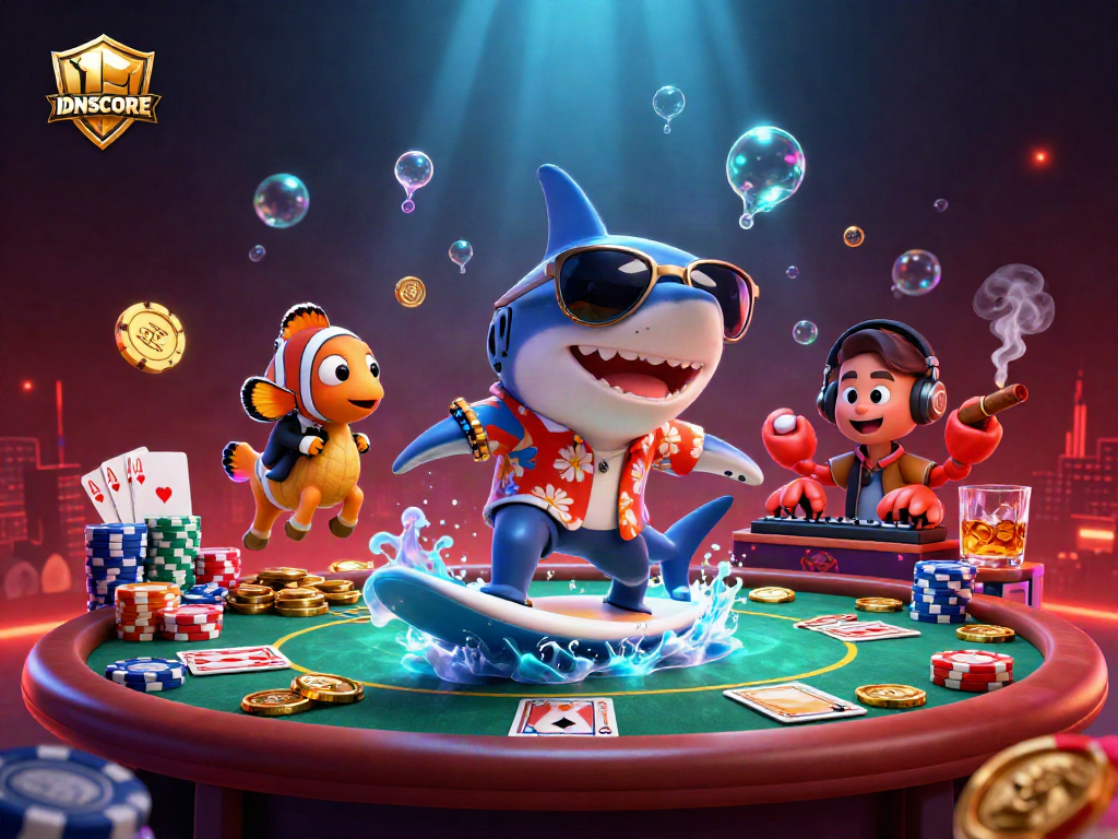 IDNSCORE offers a lively underwater casino scene with a shark surfing gold coins, showcasing vibrant poker elements.