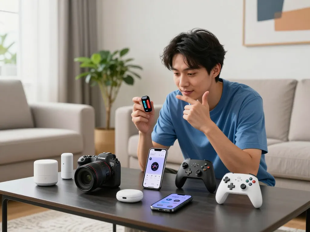 Exploring trending tech gadgets in a modern living room setting, showcasing innovative Bluetooth devices and a smartphone.