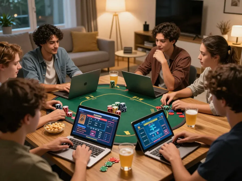 Friends engaging in online poker game on tablets showcasing dreidelsandmore-inspired strategies in modern living room.