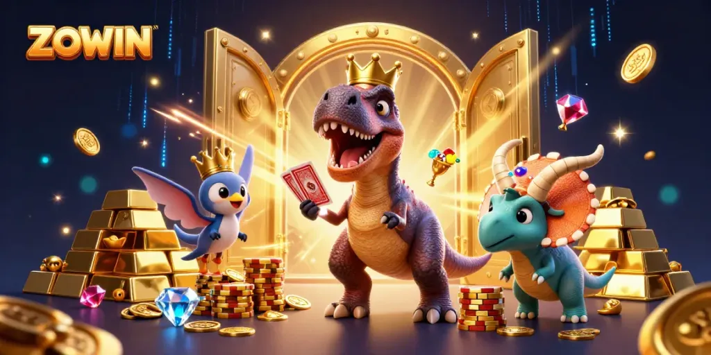 Engage with ZOWIN's thrilling online casino experience featuring playful dinosaur characters.