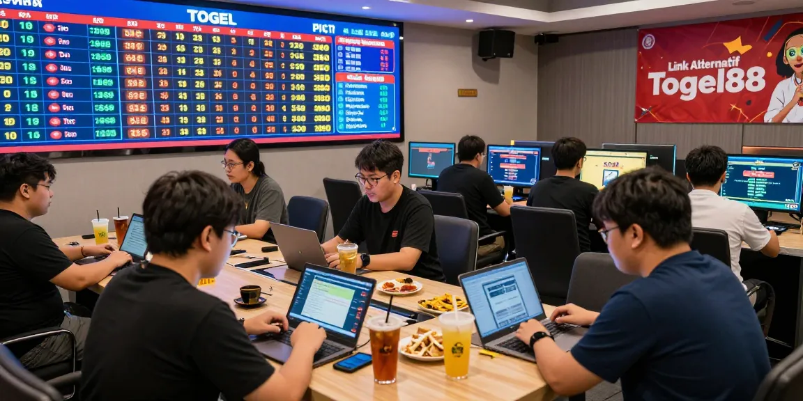 Engaged crowd in a gaming lounge analyzing Link Alternatif Togel88 betting data, showcasing excitement in online gambling.