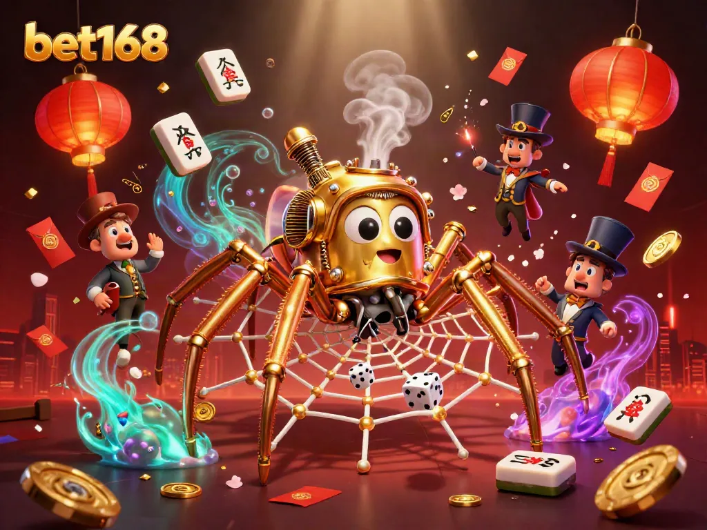 Engage with bet168 in this lively steampunk casino scene featuring a spider catching dice and flying mahjong tiles.
