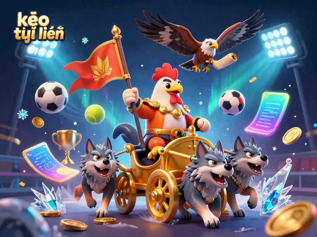 Bet on kèo trực tuyến with dynamic sports action featuring a cartoon rooster warlord and themed elements.