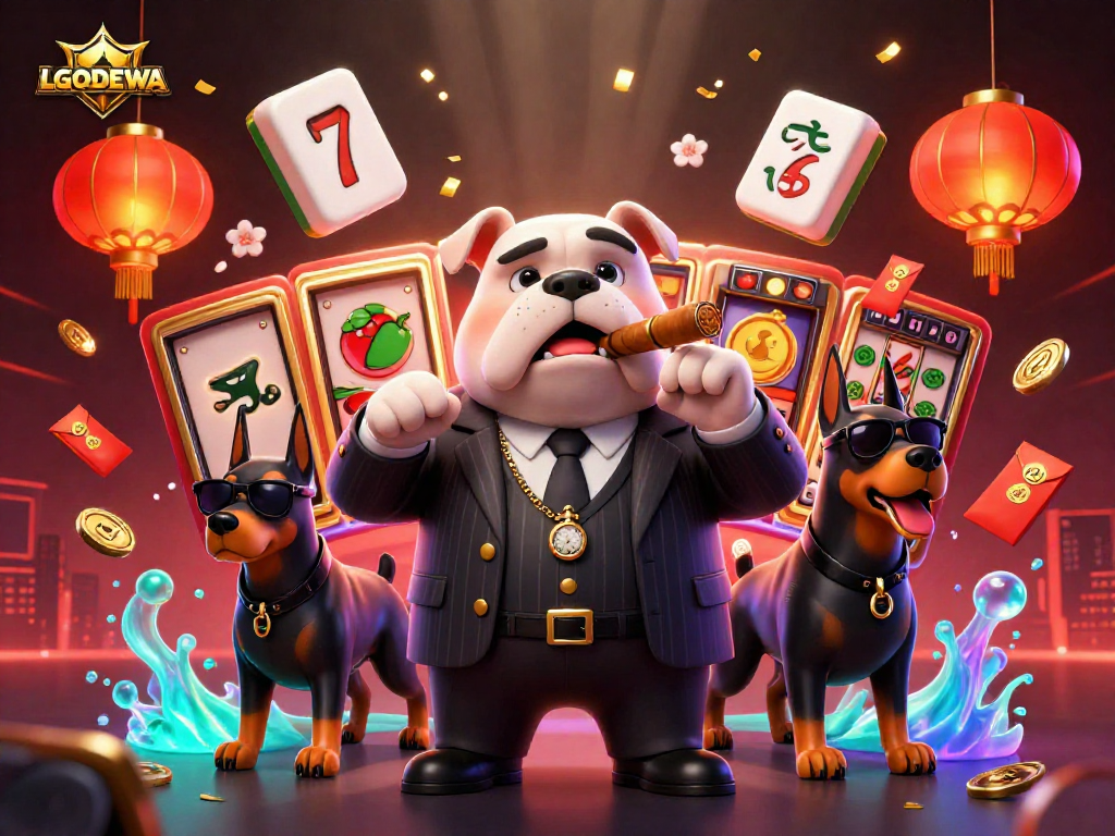 Experience thrilling jackpots at LGODEWA with a dynamic 3D illustration of a mafia boss, showcasing exciting casino elements.