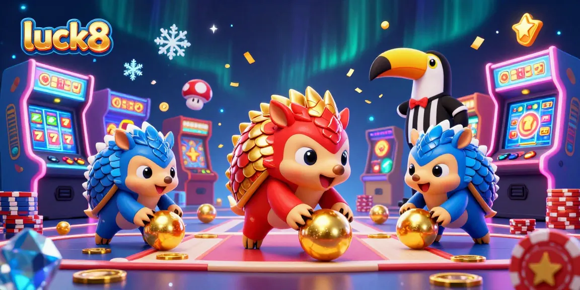 Join the action at luck8 with pangolins bowling through poker chips in a vibrant casino scene!