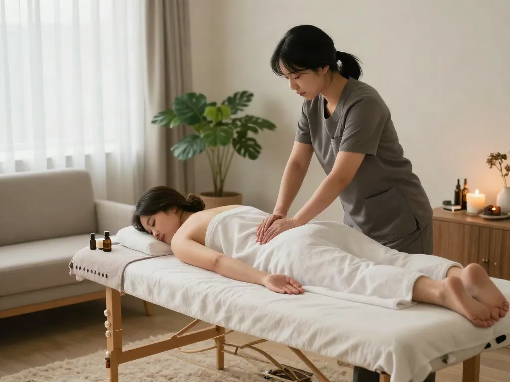 Relaxing 부평출장안마 home therapy session with professional therapist and calming ambiance.
