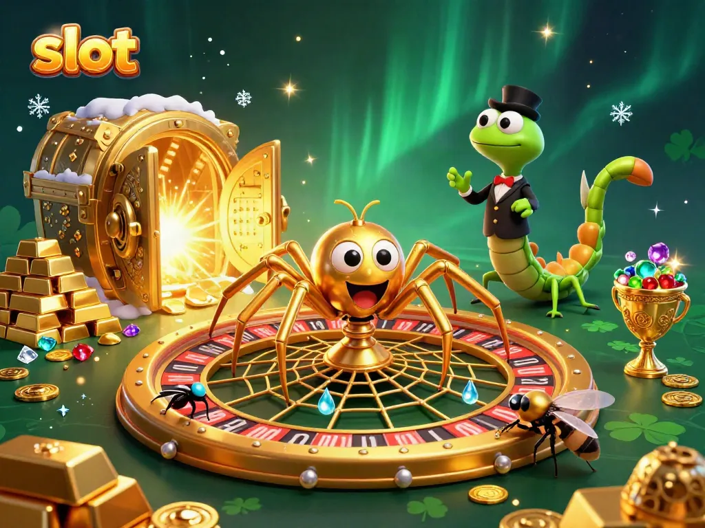 Experience thrilling slot action as a cartoon spider spins a roulette web, amid scattered treasures and vibrant gems.