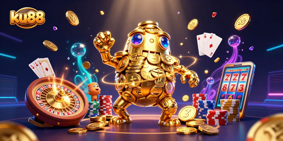 ku88 invites gamblers to experience vibrant gaming with a golden golem and dazzling casino elements.
