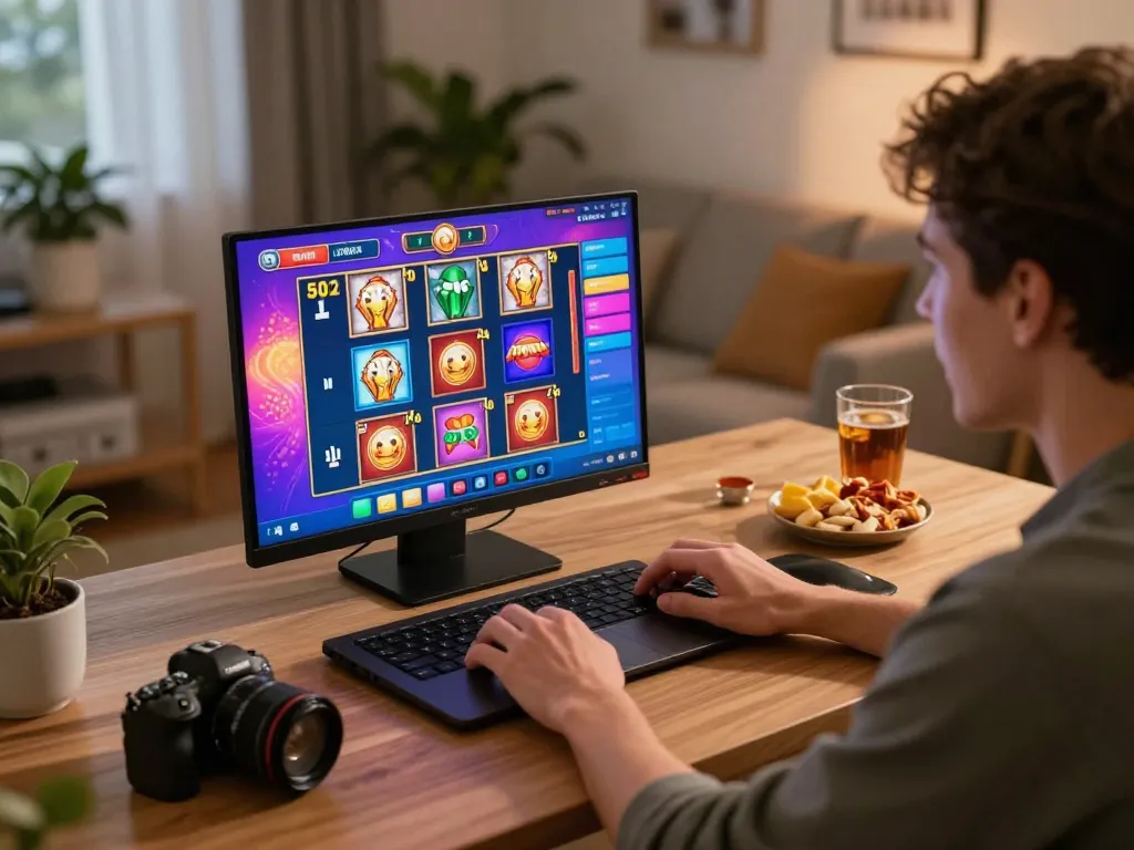 Engaging online gaming session at home with highpointawards slot games displayed on the laptop.