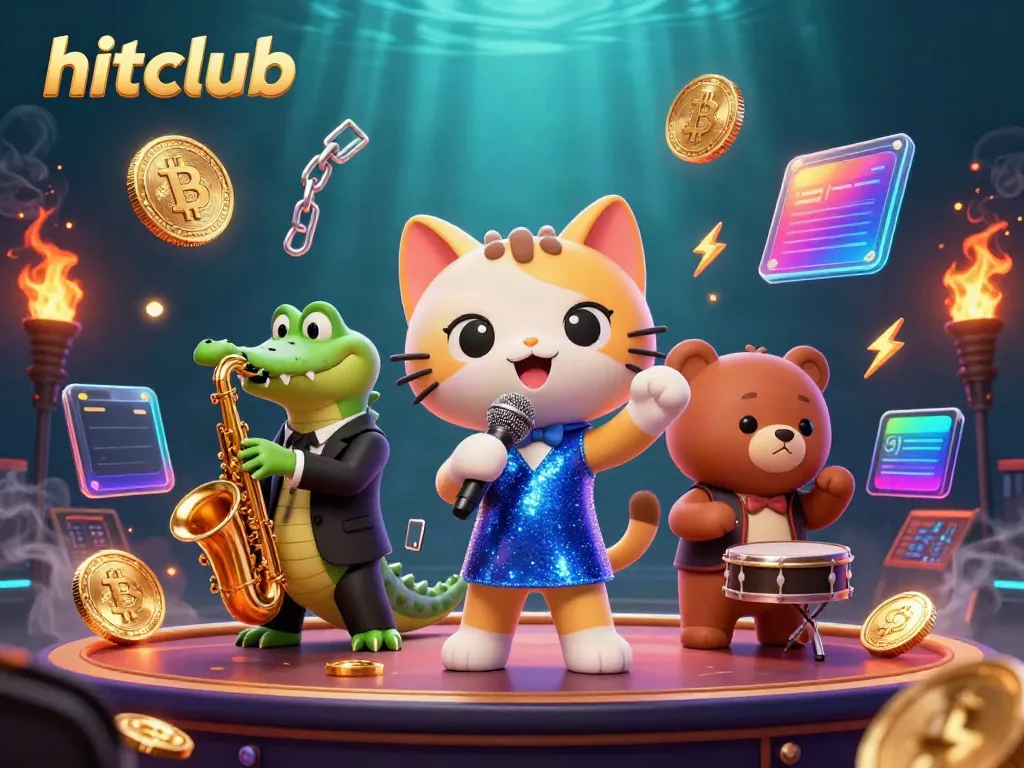 Engage in the exciting world of hitclub with this vibrant 3D casino scene featuring a jazz-singer cat and friends.