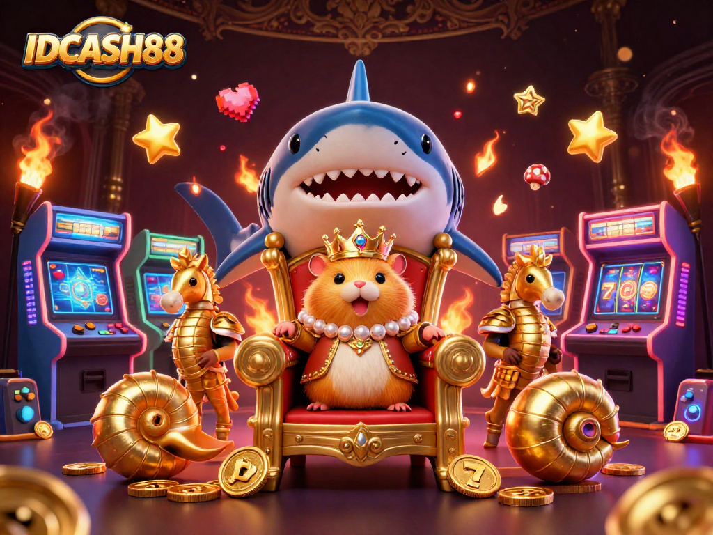 Engage with IDCASH88 through a vibrant casino-themed illustration featuring a golden hamster king and game elements.
