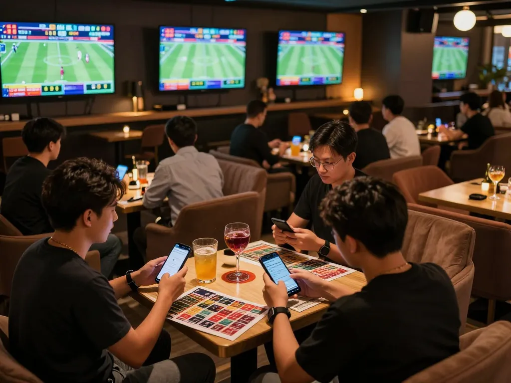 Kèo nhà cái hôm nay showcased as gamblers analyze bets in a vibrant sports betting lounge.