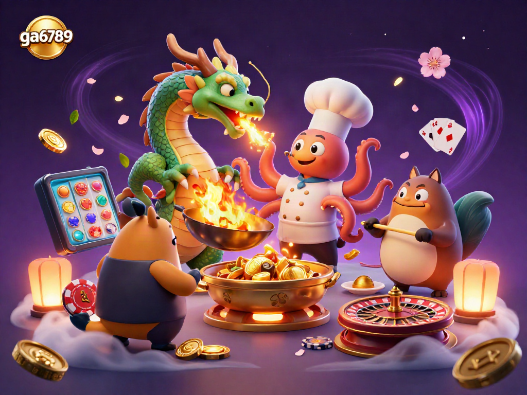 Experience thrilling cockfighting action at ga6789 with an energetic octopus chef and dragon in the arena.