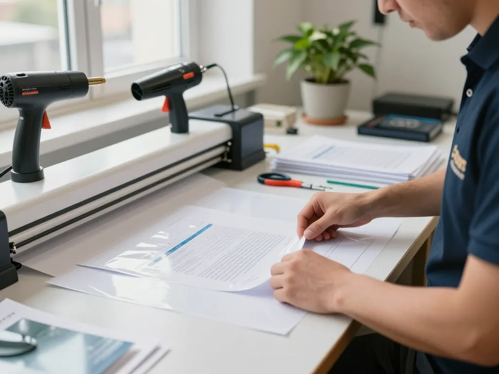 Expert technician bóc plastic from important documents in a bright urban workshop.