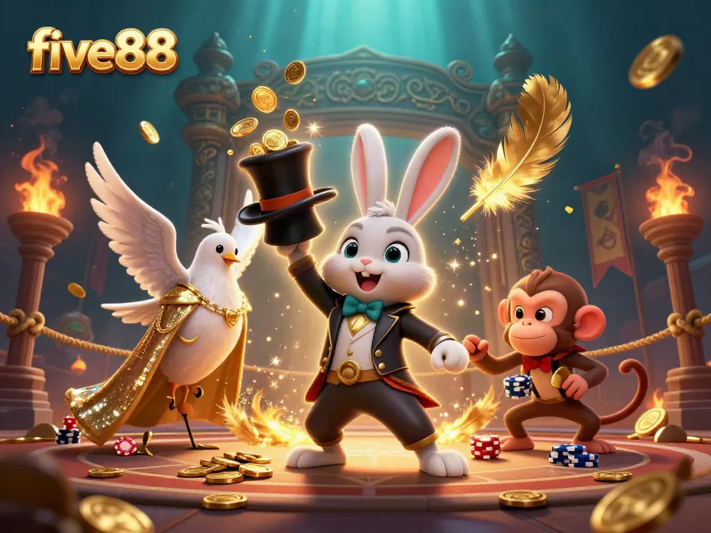 Experience exciting wins at five88 with our magician rabbit, dove, and monkey in a vibrant casino scene.