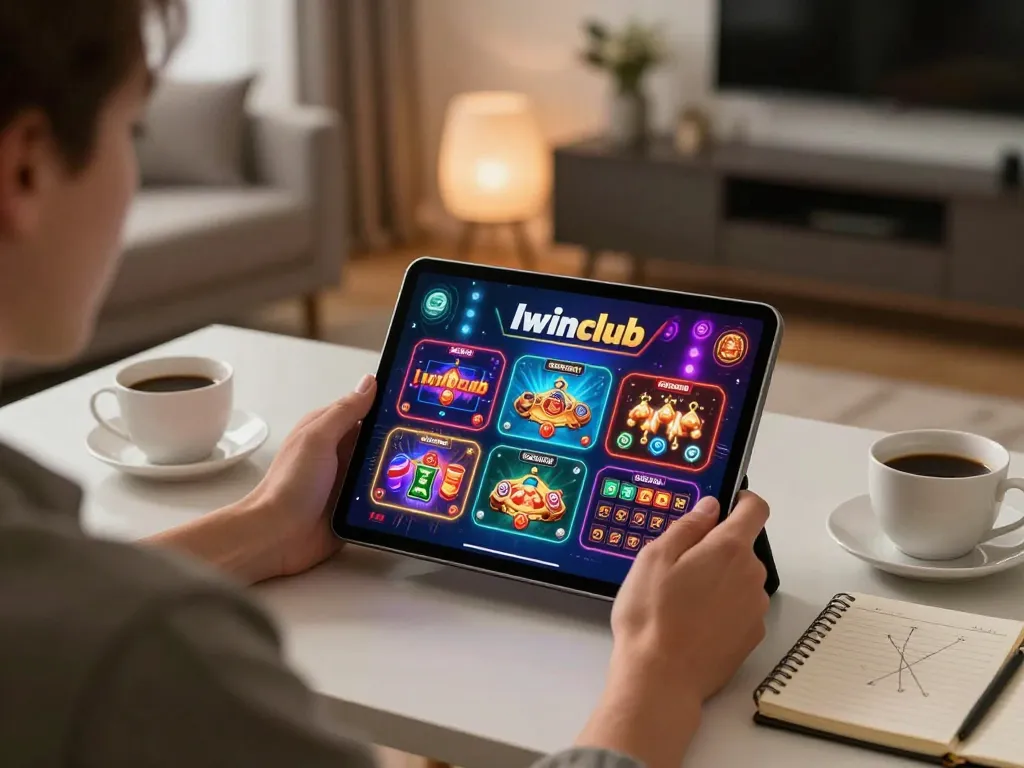 Iwinclub player exploring casino games on tablet in a cozy home environment.