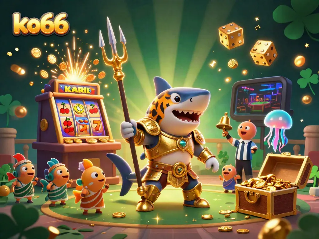 Experience jackpot excitement with ko66 in this vibrant underwater casino illustration featuring a tiger shark and treasure.