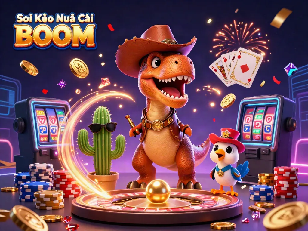 Soi Kèo Nhà Cái BOOM highlighted in a vibrant 3D casino scene with a cowboy dinosaur, cactus, and roadrunner.