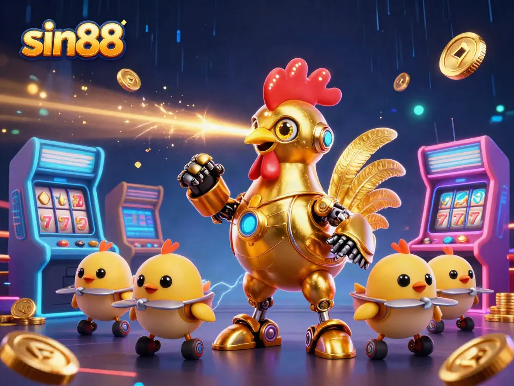 Engage with sin88's golden rooster robot shooting lasers in a vibrant casino setting.