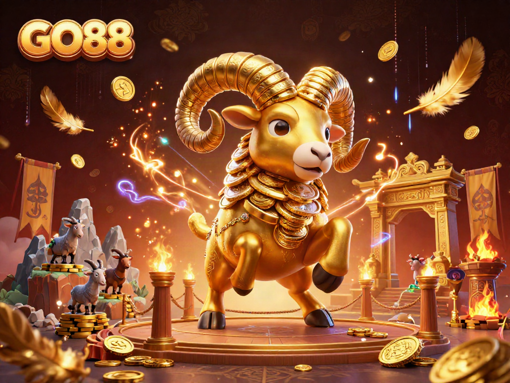 Experience the thrill of GO88 with a charging golden ram at a vibrant casino arena.