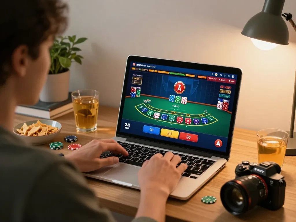 Player strategizing at home casino game on laptop while using fishersupermarket for snacks and drinks