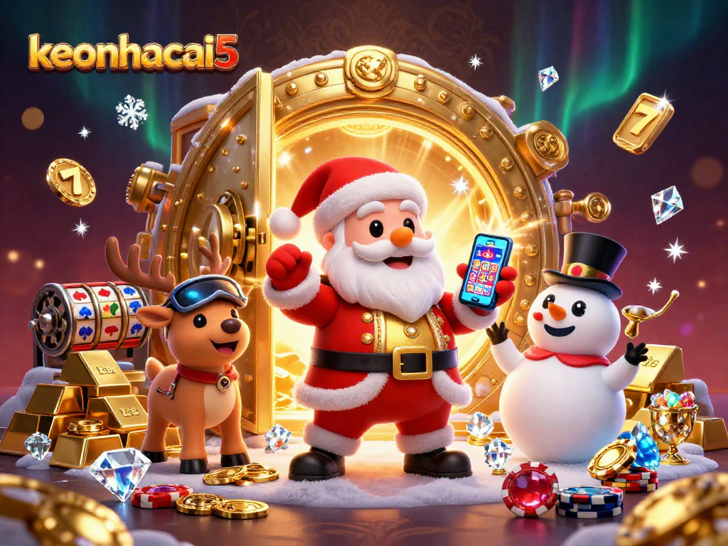 Experience the thrill with keonhacai5 as Santa and friends celebrate jackpot slots in a glittering casino scene.