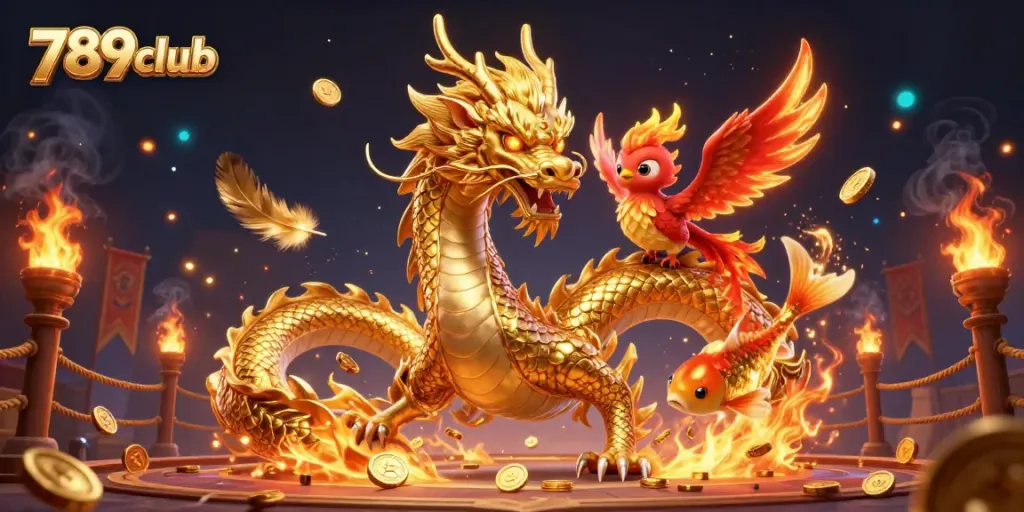 Engage in thrilling gameplay at 789club with a dynamic illustration of a dragon, phoenix, and koi fish.