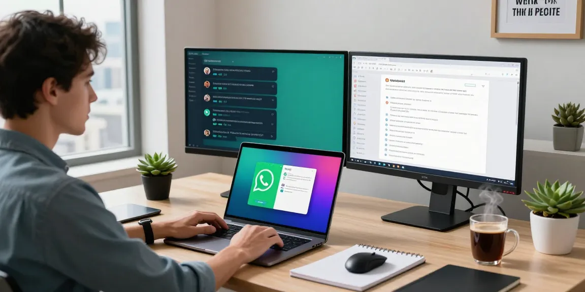 Using WhatsApp電腦版 on a modern laptop in a vibrant home office workspace.