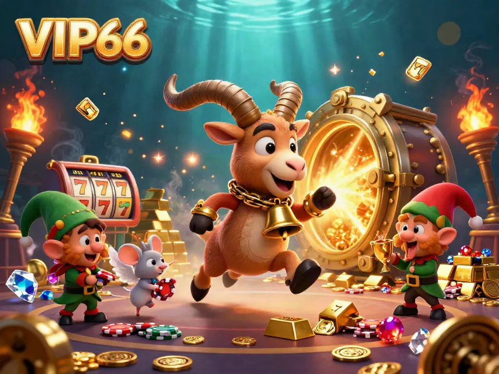 Experience the excitement of VIP66 with a lively casino scene showcasing festive characters and dynamic gaming elements.