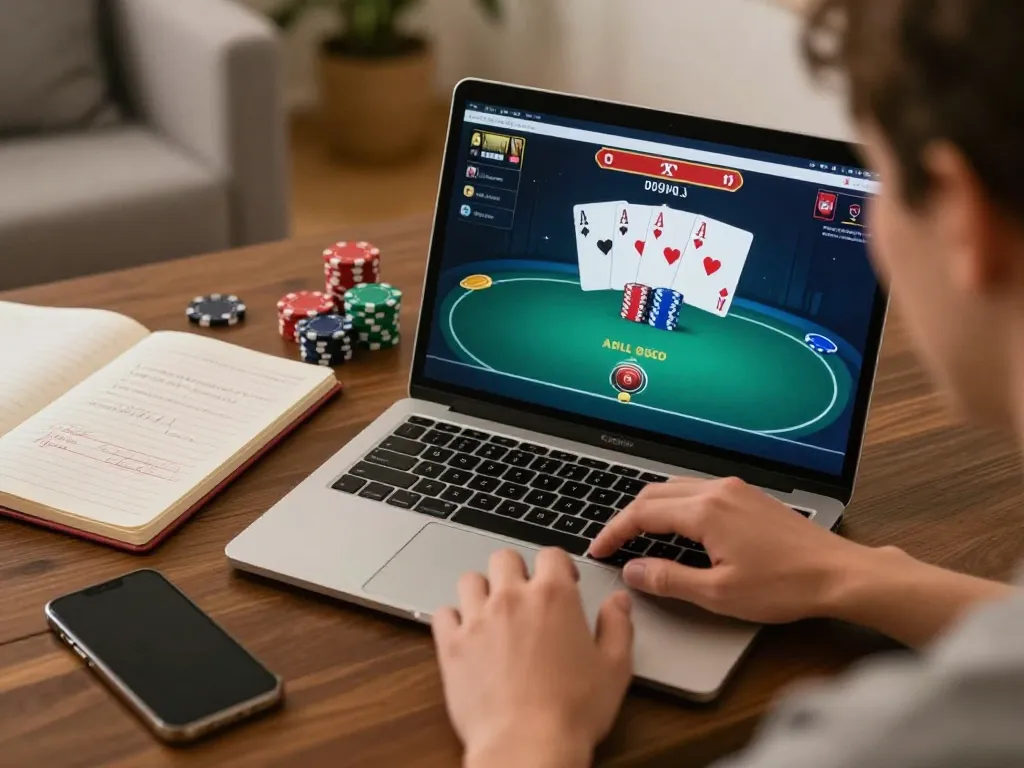 Player engaging in online poker at home with o8 platform interface illuminated on screen.