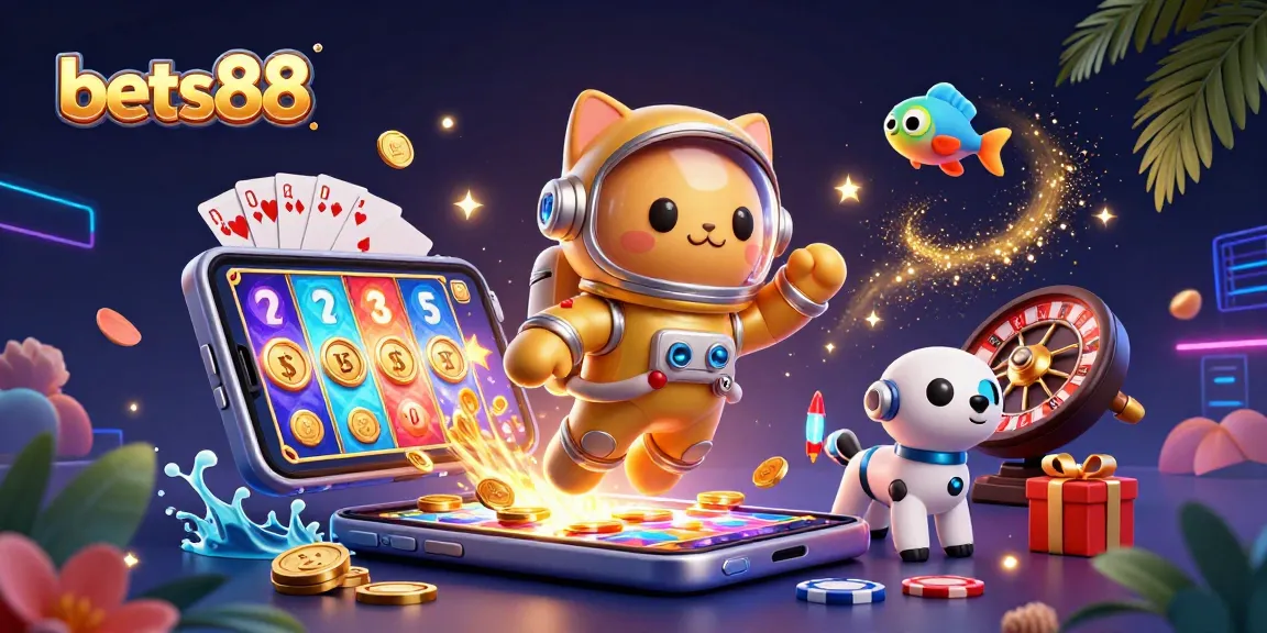 Play dynamic slot games at bets88 with a thrilling cartoon space theme and vibrant casino elements.