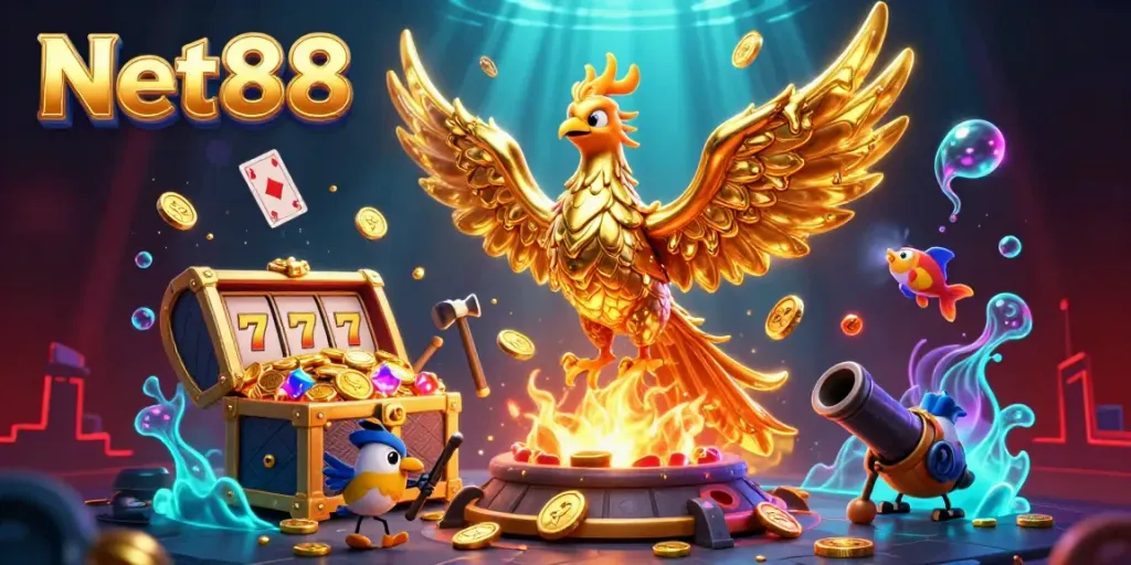 Experience thrilling wins at Net88 with a stunning illustration of a golden phoenix and casino treasures.