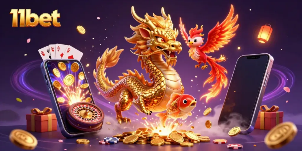 Experience thrilling 11bet adventures with a golden dragon, phoenix, and koi fish among exciting casino elements.