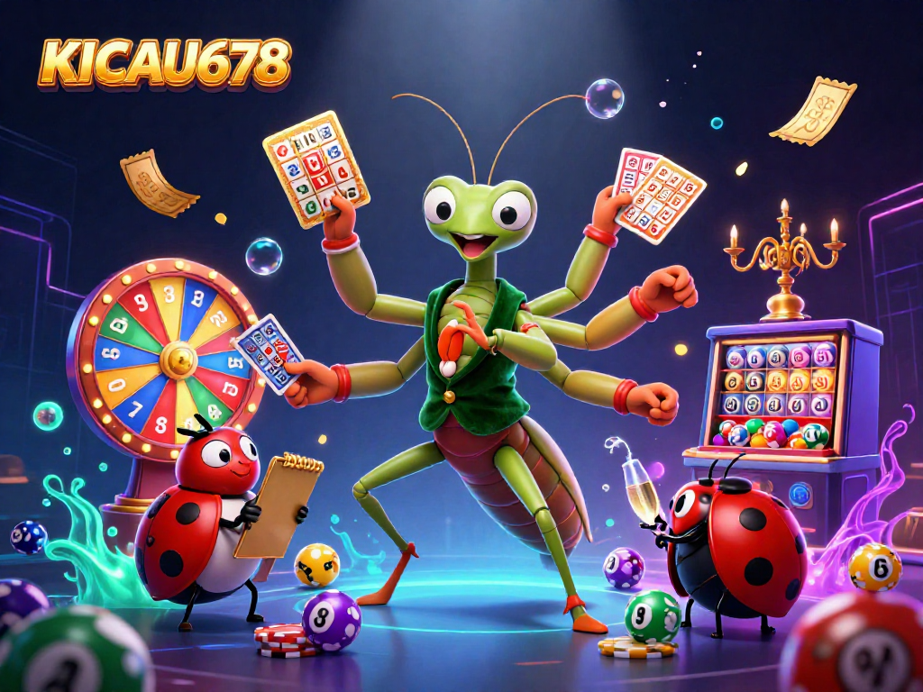 KICAU678 showcases a vibrant scene of a giant praying mantis dealer at a casino, vibrant lottery elements in action.