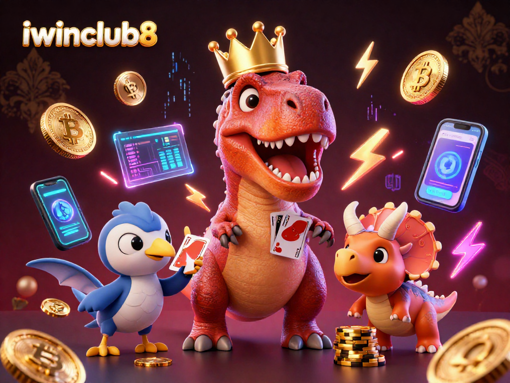 iwinclub8 brings luck with a T-Rex shuffling cards and a baby triceratops stacking chips in a colorful casino.