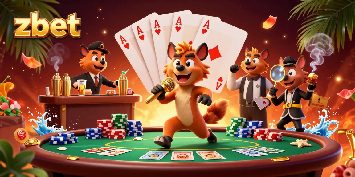 Experience the vibrant zbet casino with hyenas, poker excitement, and lively atmosphere.