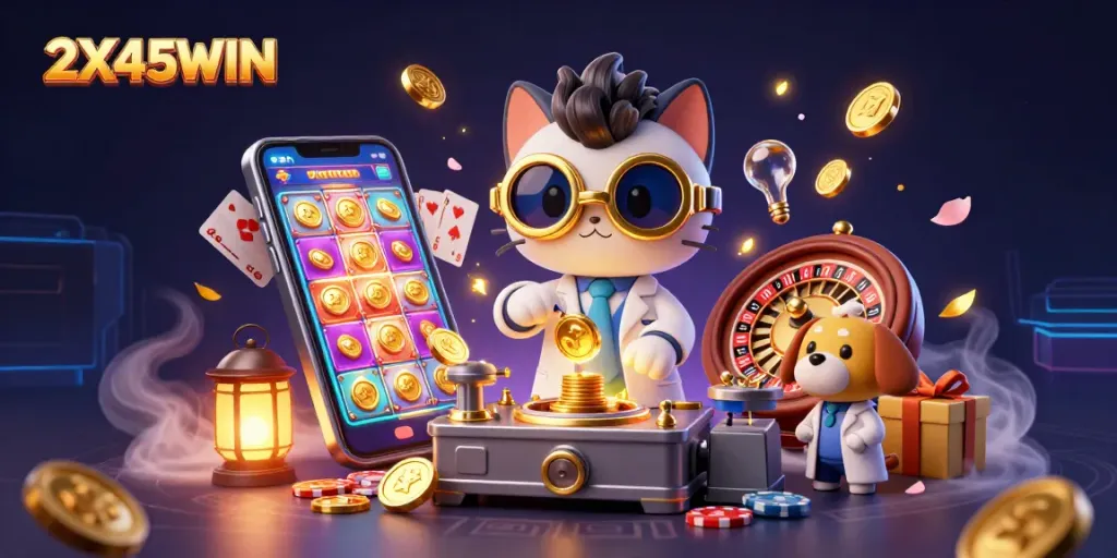 Permainan slot menarik di 2X45WIN dengan kucing ilmuwan gila dan anjing asisten yang ceria.