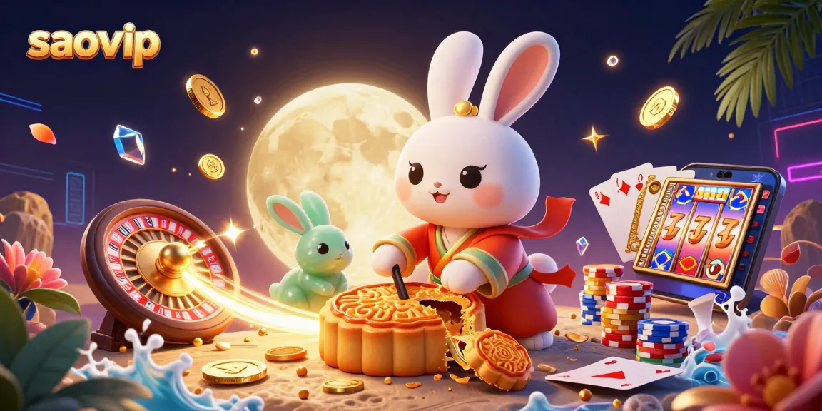 Engage in exhilarating gaming at saovip with moon rabbit and a colorful casino backdrop.