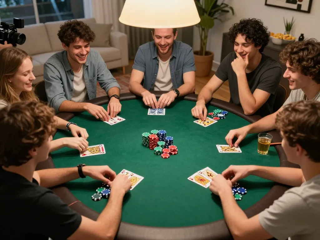 Friends engaging in poker while enjoying snacks, highlighting strategic gameplay for aidanbrownfoundation.